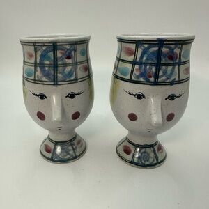 Set of two Fitz and Floyd Bjorn Wiinblad Inspired Folk Face Footed Mugs